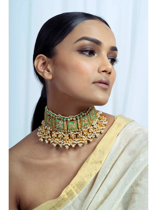 Gold & Green Meenakari Kundan Choker Necklace